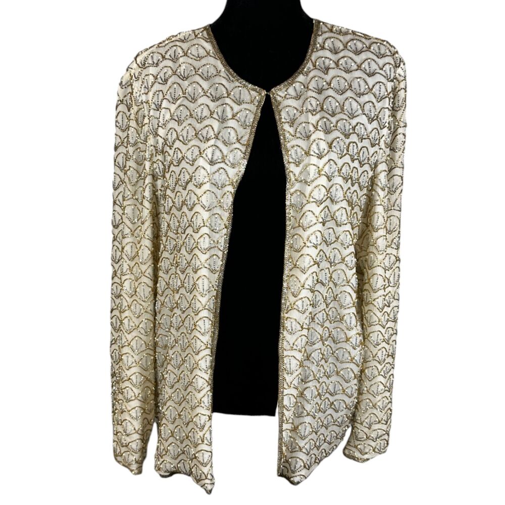 Scala Cream Gold Beaded Silk Layer Jacket Topper Size L/XL